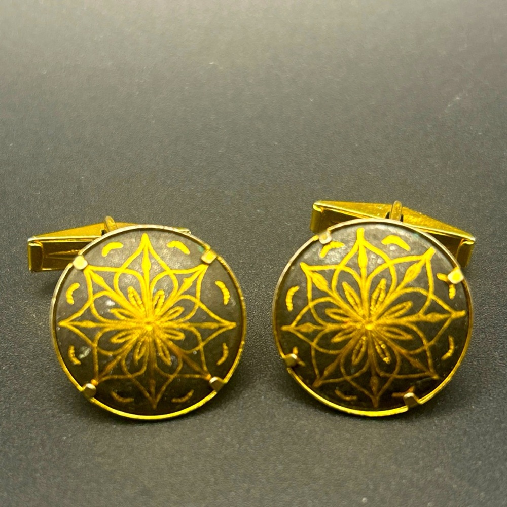 Vintage Damascene Starburst Men’s Cufflinks Black And Gold Tone Cuff Links Set